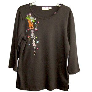 Quacker Factory Embroidered Cats Black Top Women Size M Dangle 3/4 Sleeve Cotton